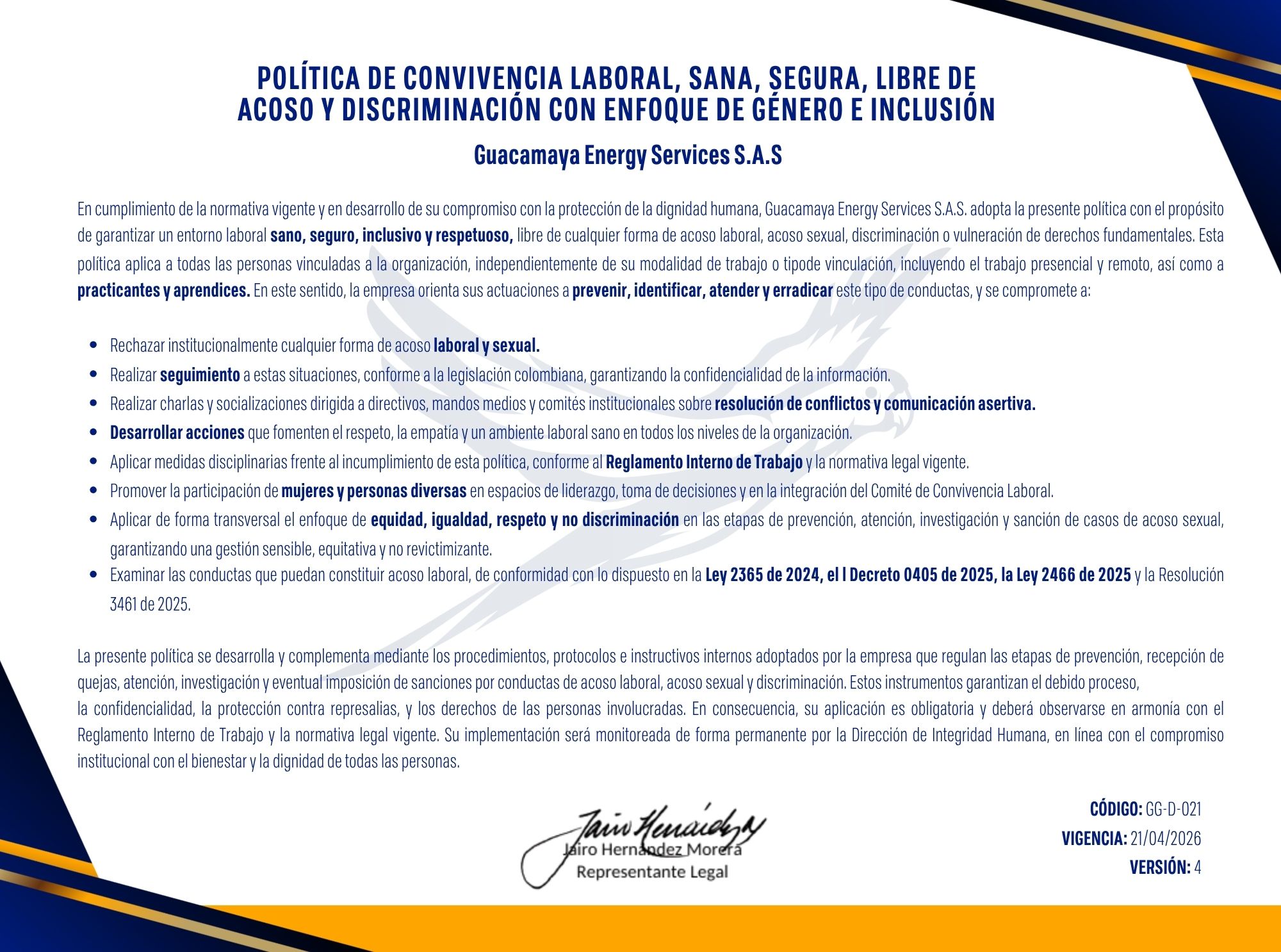 Política de Convivencia Laboral, Sana, Segura, Libre de Acoso y Discriminación con Enfoque de Género e Inclusión